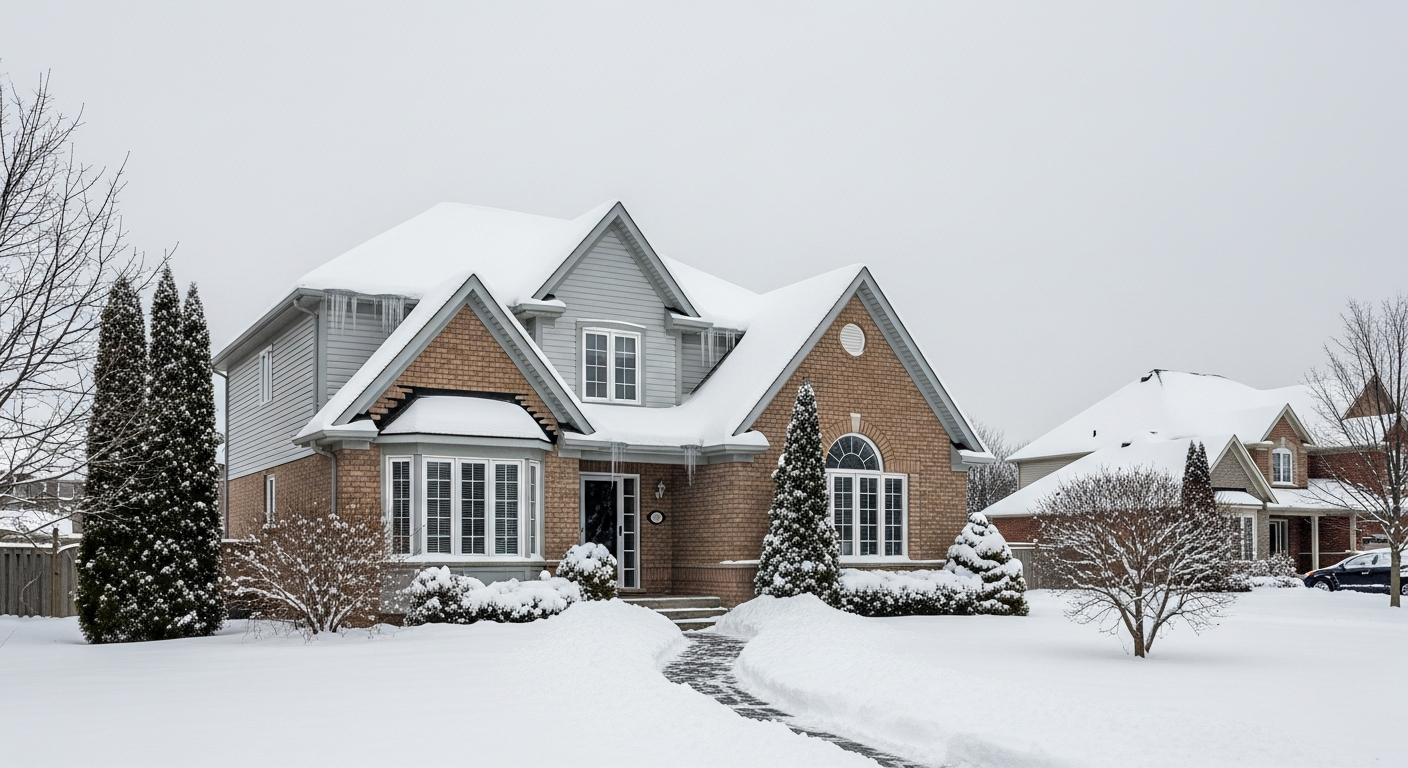 Canadian suburban home in winter with snow on roof — Ottawa exterior painting