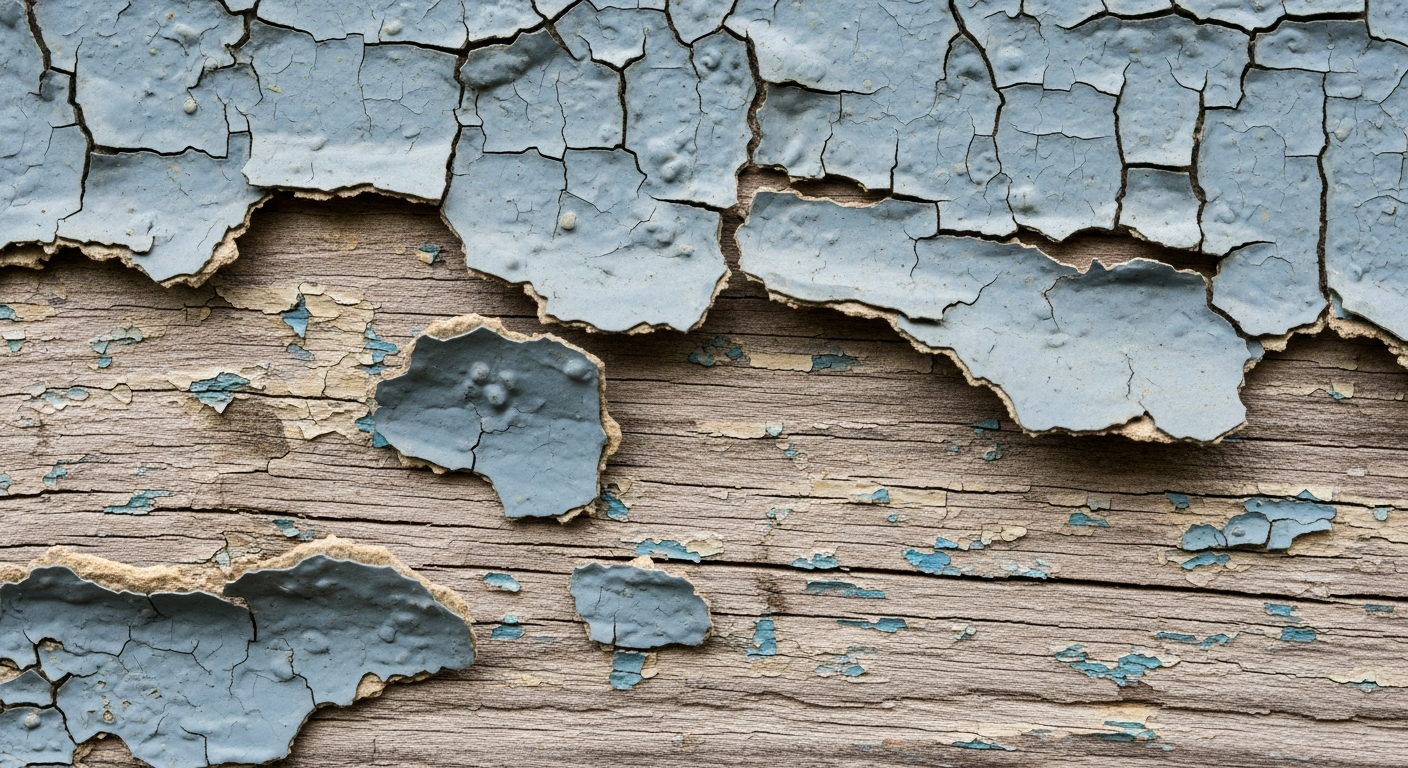 Close-up of peeling and cracking exterior paint caused by moisture and freeze-thaw cycles