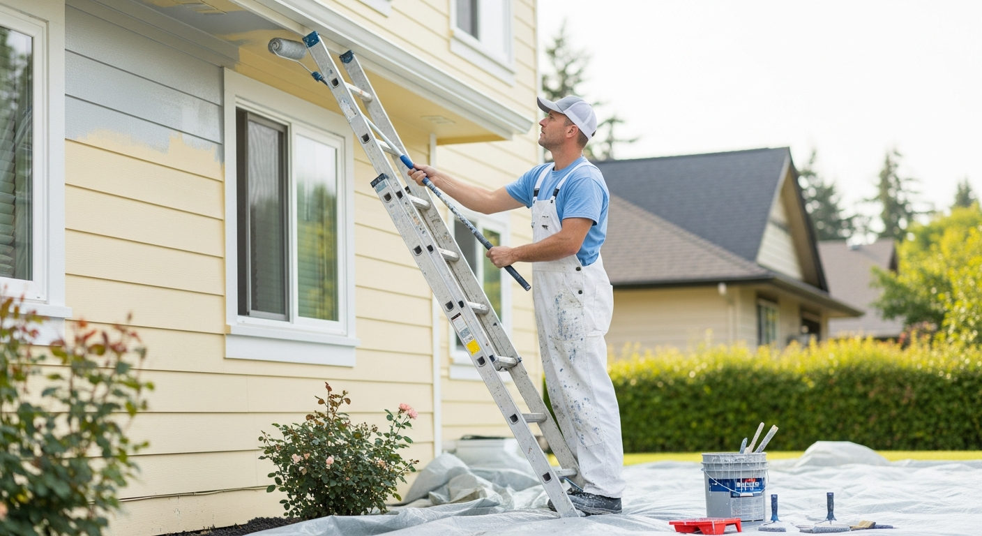 Professional painter applying exterior paint to a residential home