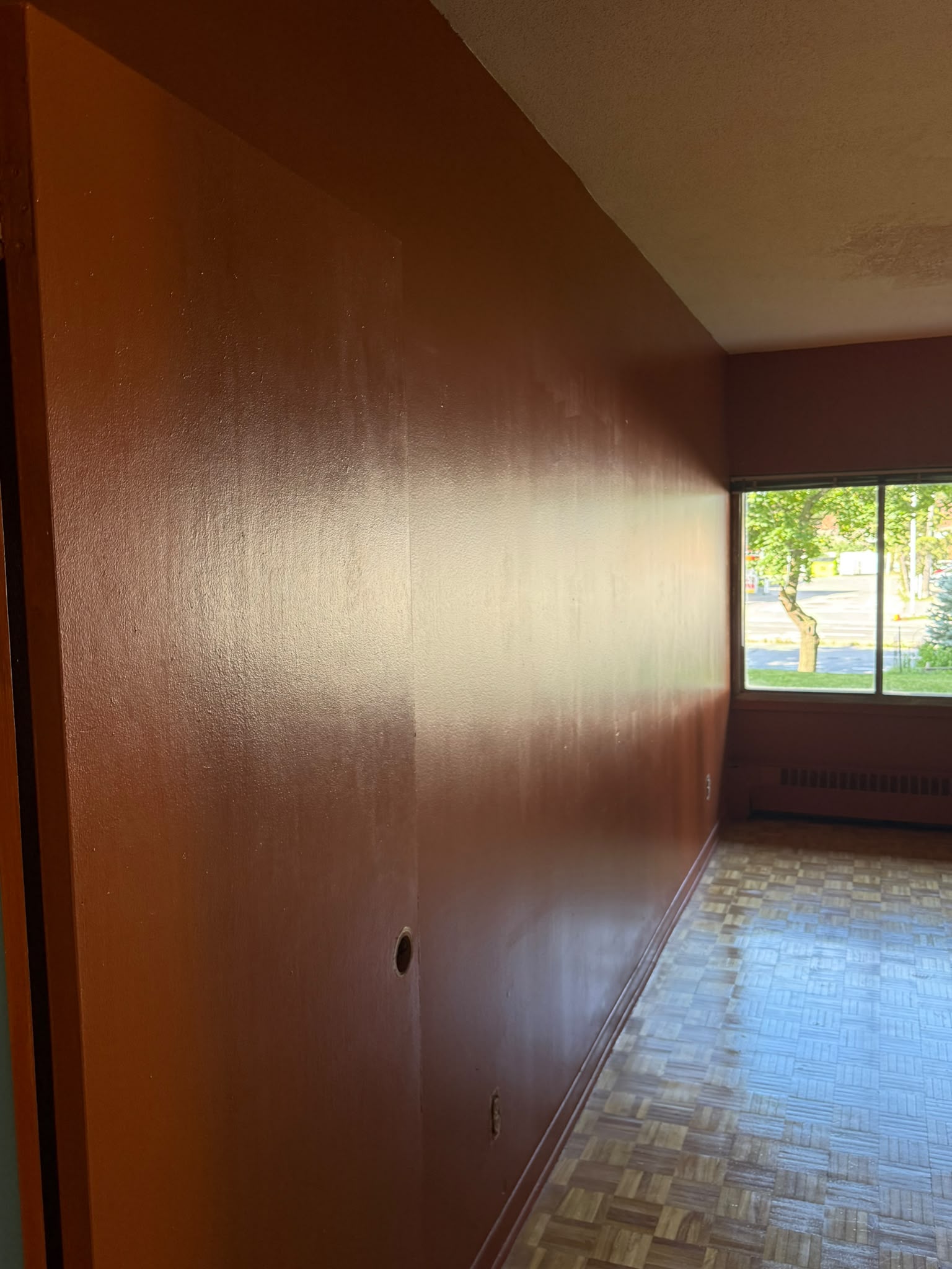 Apartment bedroom before painting — dark brown walls