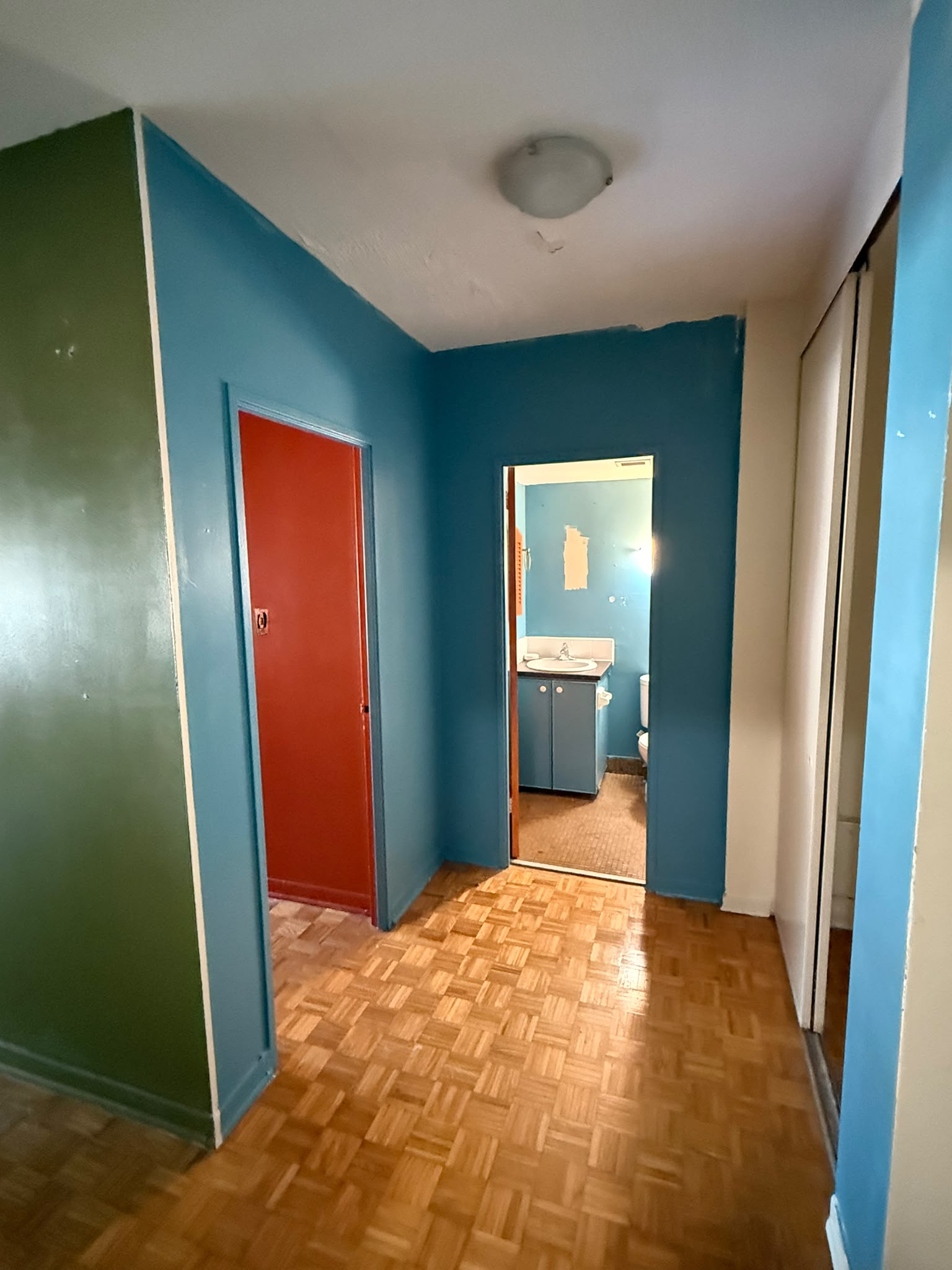 Apartment hallway before painting — bold blue, green, and red walls