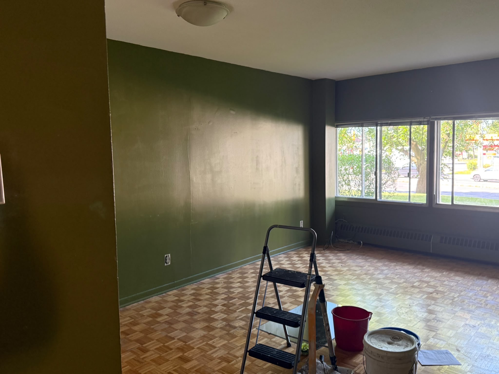Apartment living room before painting — green and purple walls